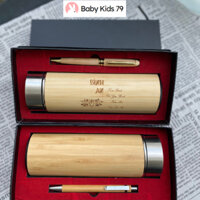 Bộ quà tặng bình giữ nhiệt inox khắc tên kèm bút kim loại, set quà tặng bình trúc khắc tên kèm bút tặng kèm túi đựng