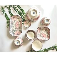 Bộ quà tặng chén đĩa sứ Bát Tràng cao cấp nhiều chi tiết, họa tiết vân cổ- tặng kèm 10 đôi đũa, có hộp và túi sang trọng
