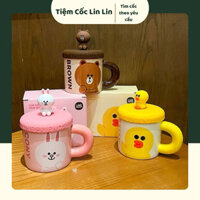 Bộ quà tặng cốc sứ Gấu Brown Line Friends chính hãng dễ thương 360ml, Ly sứ cà phê văn phòng dành cho cặp đôi bạn bè