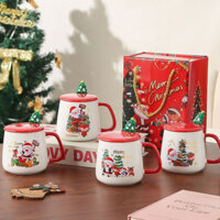 Bộ quà tặng cốc sứ Giáng sinh kèm hộp Set hộp quà Cốc hoạ tiết Noel nền trắng kèm khăn gấu