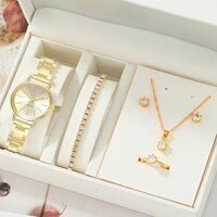 Bộ quà tặng đồng hồ nữ 5 mảnh có vòng tay, vòng cổ, bông tai, dây đeo kim loại đính kim cương, đồng hồ nữ