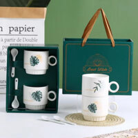 Bộ quà tặng người yêu Valentine đôi cốc sứ lá cây Tropical kèm hộp đựng tặng bạn bè, đồng nghiệp