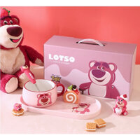 Bộ Quà Tặng Set 3 món Bát/Tách Muỗng inox Dĩa Khay Sứ Cao Cấp Gấu Dâu Chính Hãng (Set 3in1 + kèm hộp làm Set Quà Tặng)