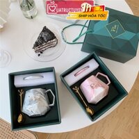 Bộ quà tặng sinh nhật cốc sứ uống trà cà phê kim cương vân đá kèm thìa, hộp quà sang trọng