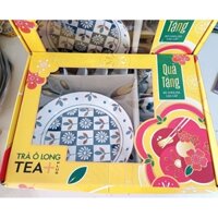 Bộ quà Tết 9 món chén, dĩa, muỗng gốm tráng men(Quà tặng Trà Ô Long Tea Plus) (SHOP CHỈ SHIP HỎA TỐC)
