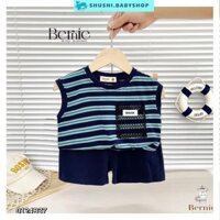 Bộ quần áo ba lỗ kẻ sọc xanh phối túi lưới cho bé trai 1 đến 7 tuổi SHUSHIBABY 0124B37