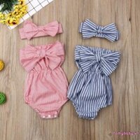 Bộ Quần Áo Bé Gái Ống Top Nơ Áo Liền Quần Sọc Không Tay + Băng Đô 2 Chiếc Trang Phục