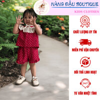 Bộ Quần Áo Bé Gái Vải Đũi Cao Cấp Màu Đỏ – Áo Ngắn Tay Cổ Ren & Quần Short Thoáng Mát