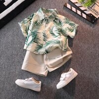 Bộ quần áo bé trai 0-5 tuổi đi biển mùa hè bé trai áo sơ mi tay ngắn Bộ áo sơ mi in hình giản dị Bộ đồ hai mảnh