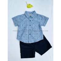 Bộ quần áo bé trai Poesie House, áo sơ mi hoạ tiết, vải Cotton, quần Linen xanh Navy
