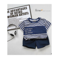 Bộ quần áo bé trai, set cộc tay kẻ ngang phối thân in chữ Beemo bé trai 8kg đến 24kg siêu mát bé đi chơi đi học trendy