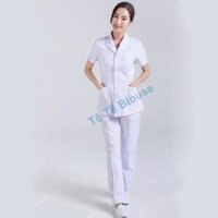 Bộ Quần Áo Blouse CỘC TAY, Dáng ngắn ngang mông NỮ màu trắng cho Điều Dưỡng, Y tá ,Dược Sĩ, Vải Lon Nhật Và Thô Cotton - 1 Quần- Lon Nhật,M 47-52kg