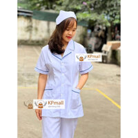 Bộ quần áo blouse trắng viền xanh với túi chéo nhẹ nữ tính cho điều dưỡng, y tá, dược sỹ, thẩm mỹ viện, spa