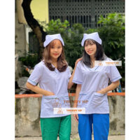 Bộ quần áo blue trắng cổ tim viền xanh kết hợp quần xanh-đồng phục blouse cho phòng khám, bệnh viện, dược sĩ, y sỹ