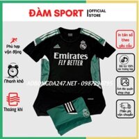 Bộ Quần Áo Bóng Đá CLB Real Madrid 2021/2022, Áo Real Training Đen Sườn Xanh Lá Vải Mè Thái Đẹp *