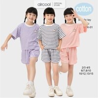 Bộ quần áo cộc tay bé gái AIRCOOL cotton mềm mát hoạ tiết kẻ ngang size đại cho Bé