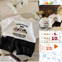 Bộ Quần Áo Cộc Tay In Hình Cún Đáng Yêu Kèm Quần Kẻ Nổi Bật Chất Mềm Thấm Hút Mồ Hôi D0005