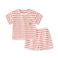 bộ quần áo cộc trẻ em kẻ sọc ngang áo ngắn tay quần đùi màu cam hồng bé gái mặc nhà thoải mái xuân hè cotton 80cm, 90cm