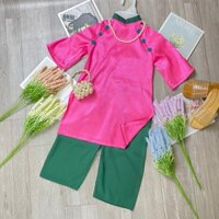 Bộ quần áo dài bé gái gấm hồng nút xanh 8-28kg Angel Baby Thời Trang Thiết Kế