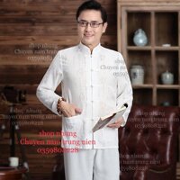 Bộ quần áo đại gia dài tay, ngăn tay tập dưỡng sinh cho người cao tuổi - Trắng dài tay,2XL