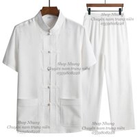 Bộ quần áo đại gia dài tay, ngăn tay tập dưỡng sinh cho người cao tuổi - Trắng tinh cộc tay,XL