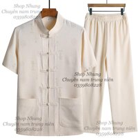 Bộ quần áo đại gia dài tay, ngăn tay tập dưỡng sinh cho người cao tuổi - Trắng sữa dài tay,XL