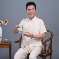 Bộ quần áo đại gia dài tay, ngăn tay tập dưỡng sinh cho người cao tuổi - Trắng sữa cộc tay,2XL