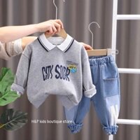 Bộ Quần Áo Dài tay có cổ nỉ da cá phối quần jean dài bo chun cho bé 1-5 tuổi (10-20kg) mùa thu đông lịch sự
