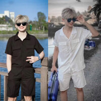 Bộ Quần Áo Đũi Nam 2 Màu Đen Trắng Cổ bẻ chất vải đũi