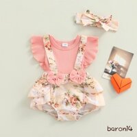 Bộ quần áo hai mảnh cho bé gái Bộ áo liền quần tay in hoa hồng và thắt nơ mũ 0-18 tháng
