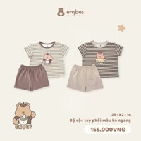 Bộ Quần Áo Kẻ Ngang Phối Màu Cho Bé Embes ,Bộ Cộc Tay Chất Cotton Mềm Mịn Cho Bé Trai Bé Gái Size 8-18kg