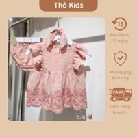 bộ quần áo kèm bờm nơ hồng chất thô đũi hàn mềm mịn thoáng mát set hè dành cho trẻ sơ sinh từ 3 tháng - 15 tháng tuổi