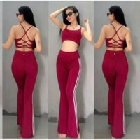 Bộ quần áo loe sọc cạp cao áo bra kèm mút ngực chất poly lạnh co giãn 4 chiều tập gym,yoga,earobic