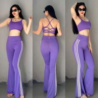 Bộ quần áo loe sọc cạp cao bra kèm mút ngực chất poly lạnh dày dặn co giãn 4 chiều tập gym,yoga