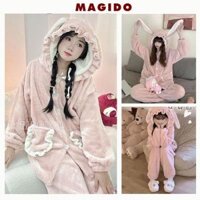 Bộ quần áo lông có mũ viền bèo gắn tai thỏ - Set đồ pyjama màu hồng có túi 2 bên xinh xắn - MAGIDO BL76