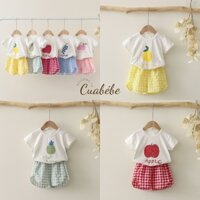 Bộ quần áo mùa hè cộc tay hoa quả, set đồ hè áo thun cotton hàn phối quần kẻ caro đũi nhiều màu cho bé trai bé gái