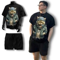 Bộ Quần Áo Nam Nữ Chất Cotton 1OO% Thoáng Mát Áo Thun Basic Cổ Tròn Quần Short Nỉ MÈO ÁO BÒ
