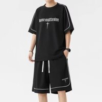 Bộ quần áo nam nữ vải tổ ong hình thêu chữ thập thời trang