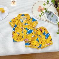 Bộ quần áo ngủ pijama cộc tay cho bé trai bé gái KẺ SỌC, IN GẤU chất lụa satin mềm mát - HADU KIDS 8-27kg