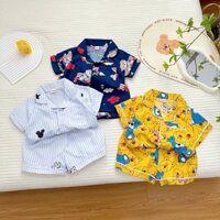 Bộ quần áo ngủ pijama cộc tay cho bé trai bé gái KẺ SỌC, IN GẤU chất lụa satin mềm mát - MINMIN KIDS 8-27kg