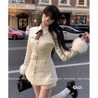 Bộ Quần Áo Nữ Nỉ Lông Trắng Phong Cách Học Sinh Hàn Quốc Sang Trọng