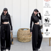 Bộ quần áo nữ thu đông áo croptop  tay dài cổ tròn ống suông rộng chất liệu thun cotton co giãn Áo Dài Tay Chất Thun
