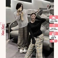 Bộ Quần Áo Nữ Thu Đông BBR Chất Cotton, Áo Thun Trơn Dài Tay Mix Quần Kẻ Caro FreeSize Xiao Xian