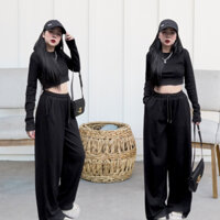 Bộ quần áo nữ thu đông set đồ áo croptop tay dài cổ tròn ống suông rộng chất liệu thun cotton co giãn