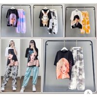 Bộ quần áo nữ, Thun lạnh in 3D, áo form rộng, quần jogger chun gấu