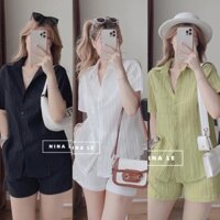 Bộ quần áo set đồ nữ áo ngắn tay quần đùi gân thun tăm buộc nơ sau hottrend - B118