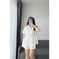 Bộ Quần Áo Sơ Mi Xanh Bơ Vải Đũi Gân Cộc Tay Dáng Thụng Buộc Dây Sau Lưng Siêu Hot