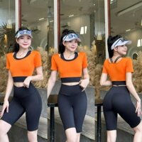 Bộ quần áo tâp gym yoga erobic nữ áo croptop cộc tay phối màu kết hợp quần ngố kèm mút ngực-(Ng27)