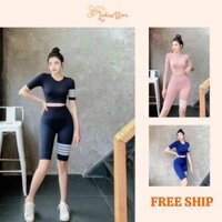 Bộ quần áo tập Gym Yoga lửng chun mông áo crop, set đồ tập gym nữ quần lửng 3 sọc co dãn, tôn dáng