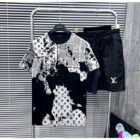 Bộ quần áo thể thao nam L.V 3D loang đen, thun lạnh co giãn thoáng mát đủ size M-L-XL-XXL